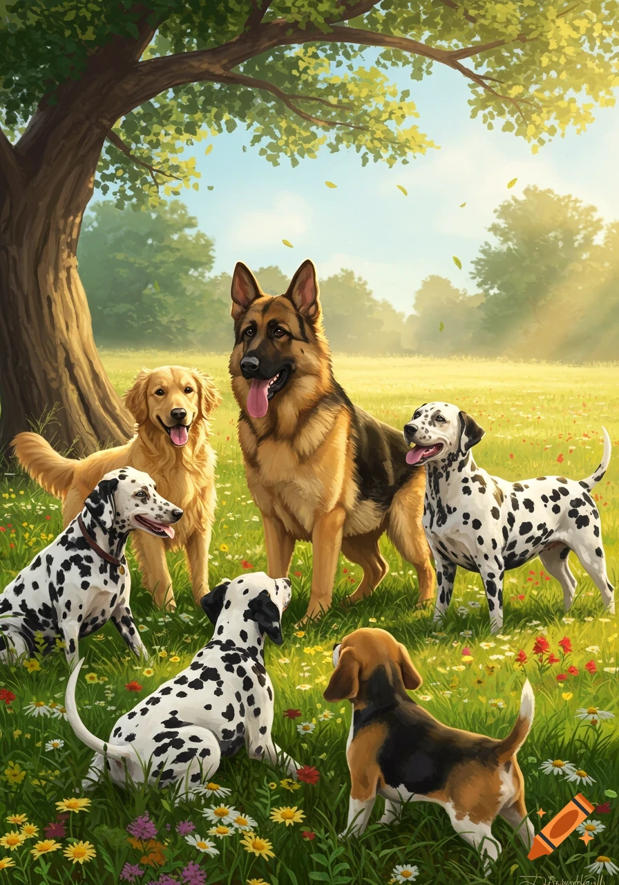 An artistic illustration of a German Shepherd, Golden Retriever, three Dalmatians, and a Beagle gathered in a sunny, green field under a tree.
