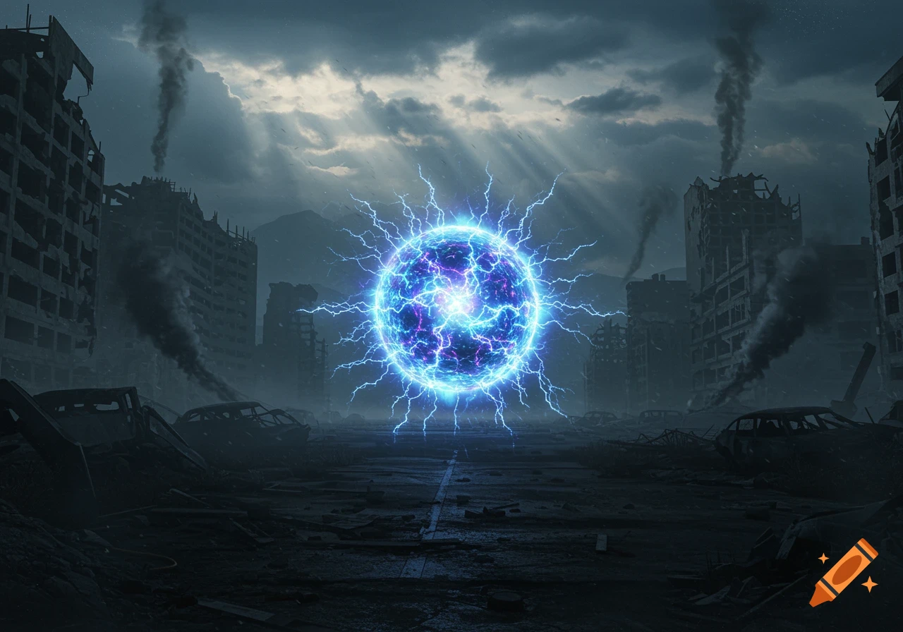 A vibrant blue and purple energy sphere crackles with electricity amidst a desolate, ruined city under a stormy sky.
