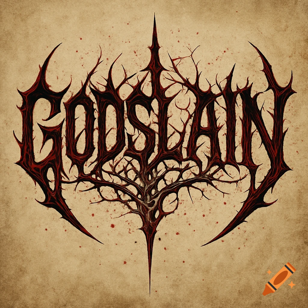 A stylized, thorny, red and black death metal logo for 'GODSLAIN' on a textured brown background with blood splatters.