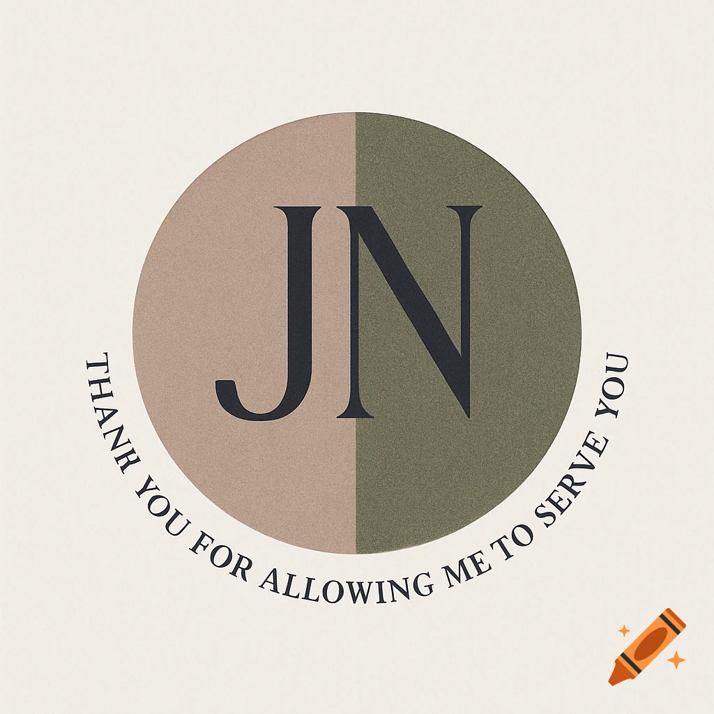A circular business logo with split brown and green halves, featuring the initials 'JN' in the center and 'THANK YOU FOR ALLOWING ME TO SERVE YOU' in a semicircle below.