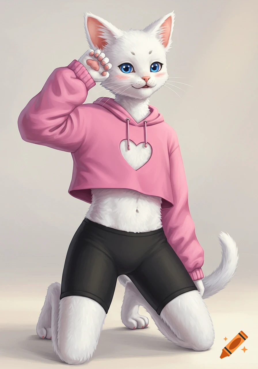A white anthropomorphic cat wearing a pink cropped hoodie with a heart cutout and black shorts, kneeling in a playful pose with a paw raised.
