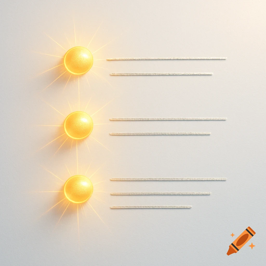 Three glowing golden bullet points with textured lines on a light background, resembling a list or infographic.