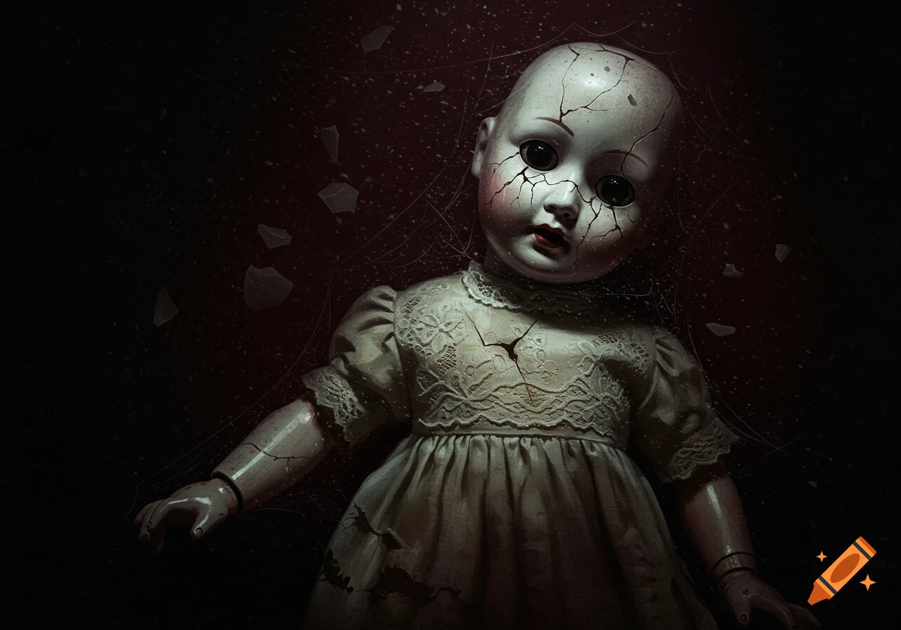A broken, cracked Victorian doll with large, dark eyes stares out from a dark, cobwebbed background, its lace dress tattered.