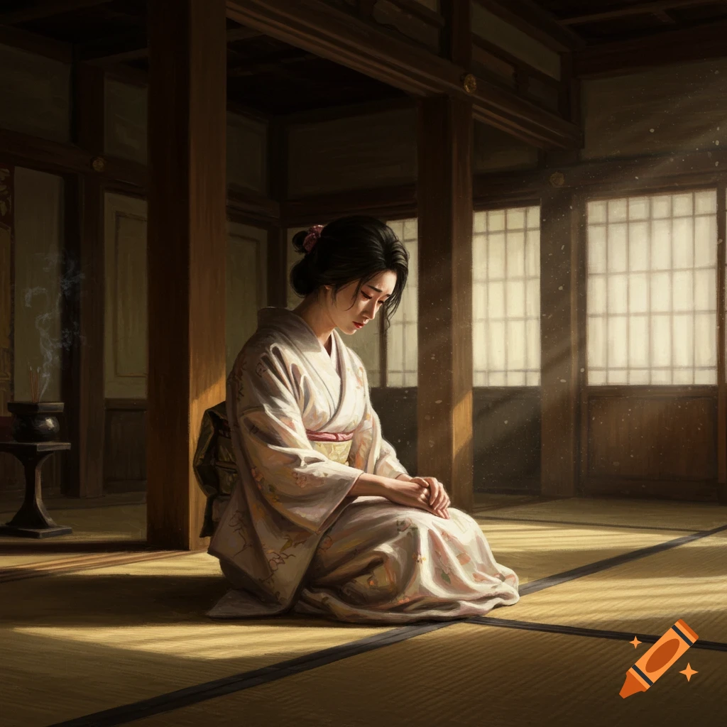 A melancholic woman in a light-colored kimono kneels on tatami mats in a traditional Japanese room with sunlight streaming in.