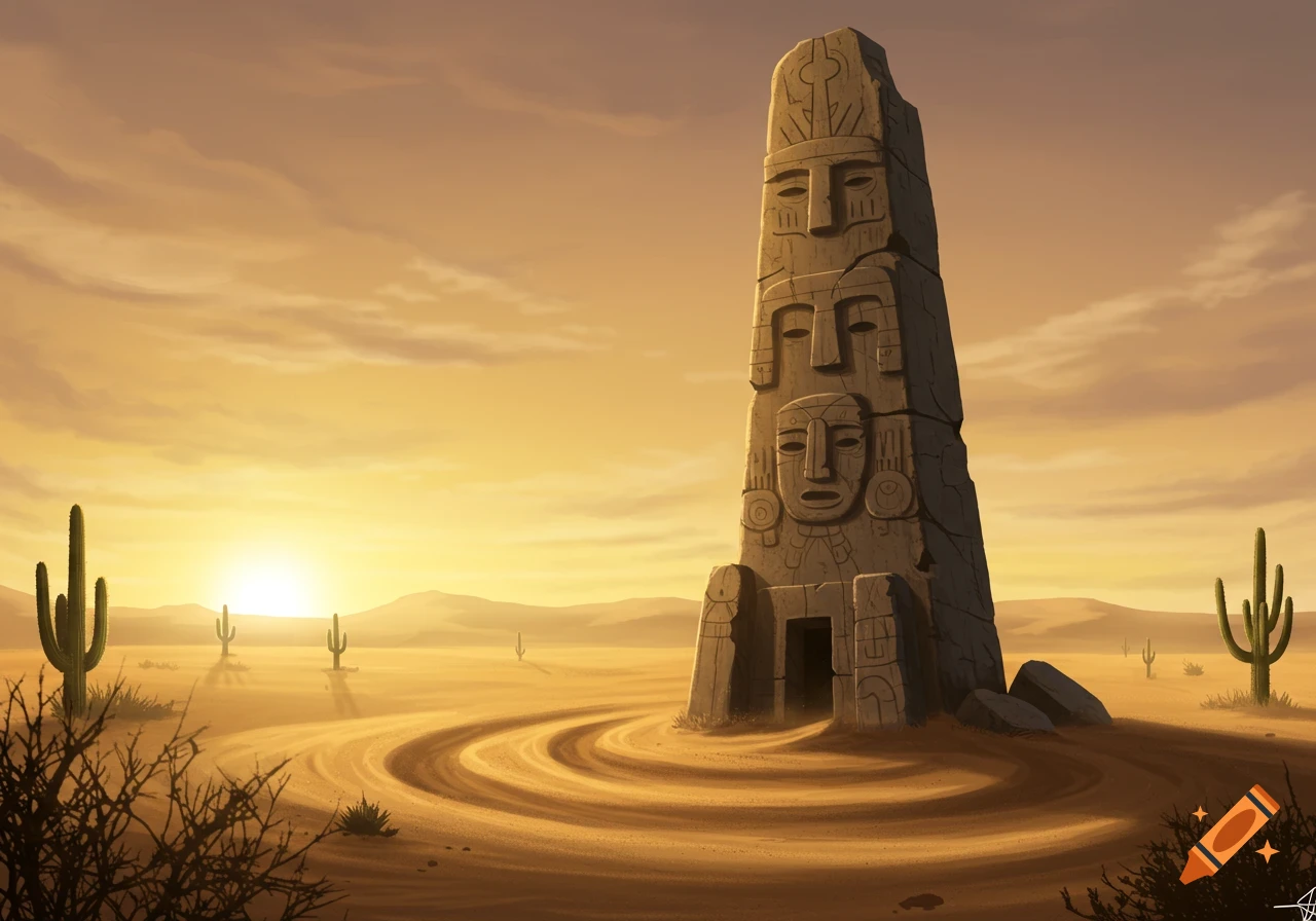 Illustrated old stone totem pole with carved faces in a desert at sunset, surrounded by saguaro cacti.