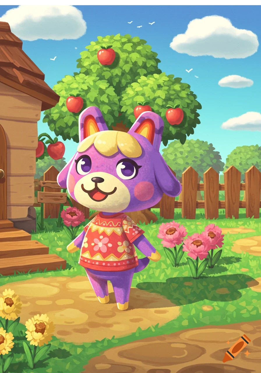 A purple, smiling Animal Crossing villager with yellow hair and a red patterned shirt stands in a sunny, grassy yard with a house, apple tree, and flowers.
