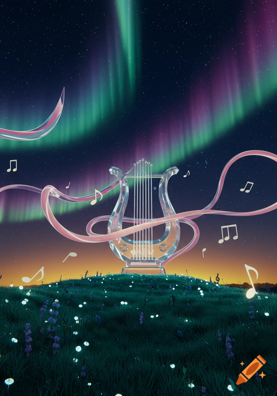 A translucent harp stands on a grassy hill with glowing flowers under a starry sky with a vibrant aurora borealis. Pink ribbons and musical notes float around the harp.