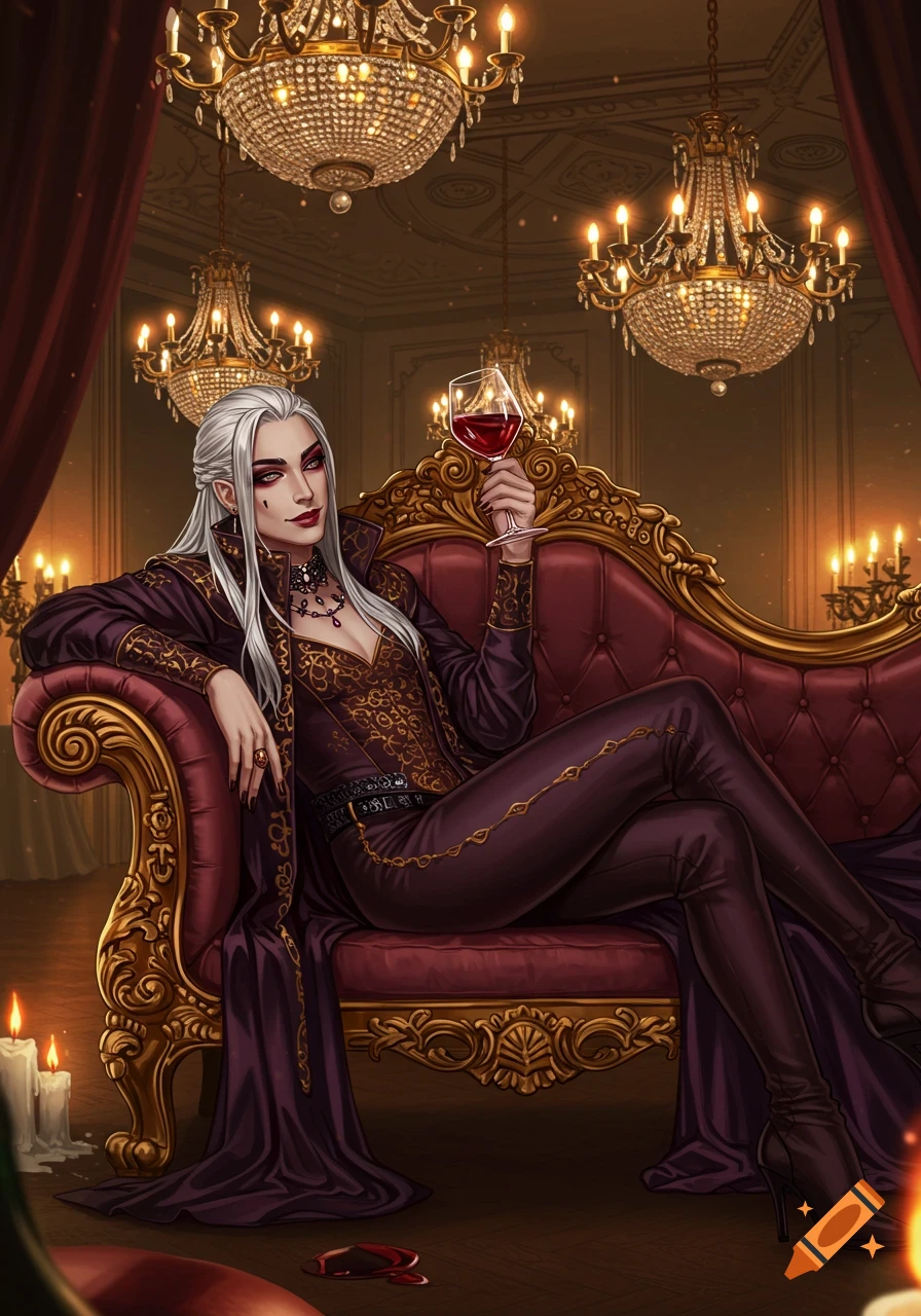 A pale-skinned vampire-like queen with white hair lounges on a golden-red chaise lounge, holding a glass of red wine in a gothic, candlelit room.