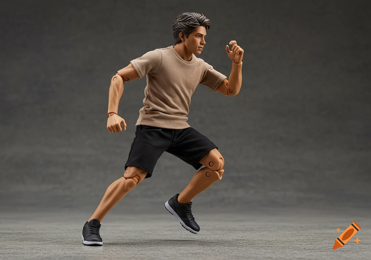 A male action figure with brown hair, wearing a beige t-shirt and black shorts, running.
