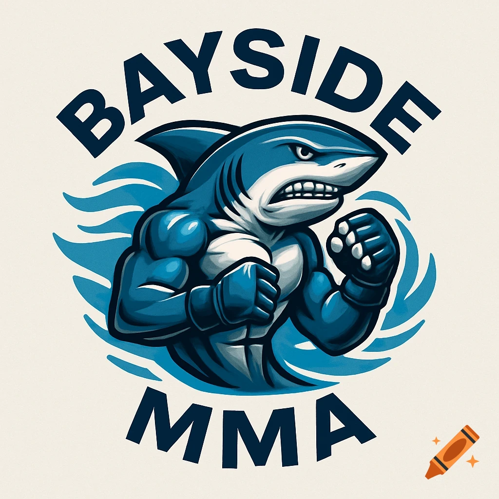 Logo of a muscular blue shark wearing MMA gloves, with 'BAYSIDE' above and 'MMA' below, against blue waves.