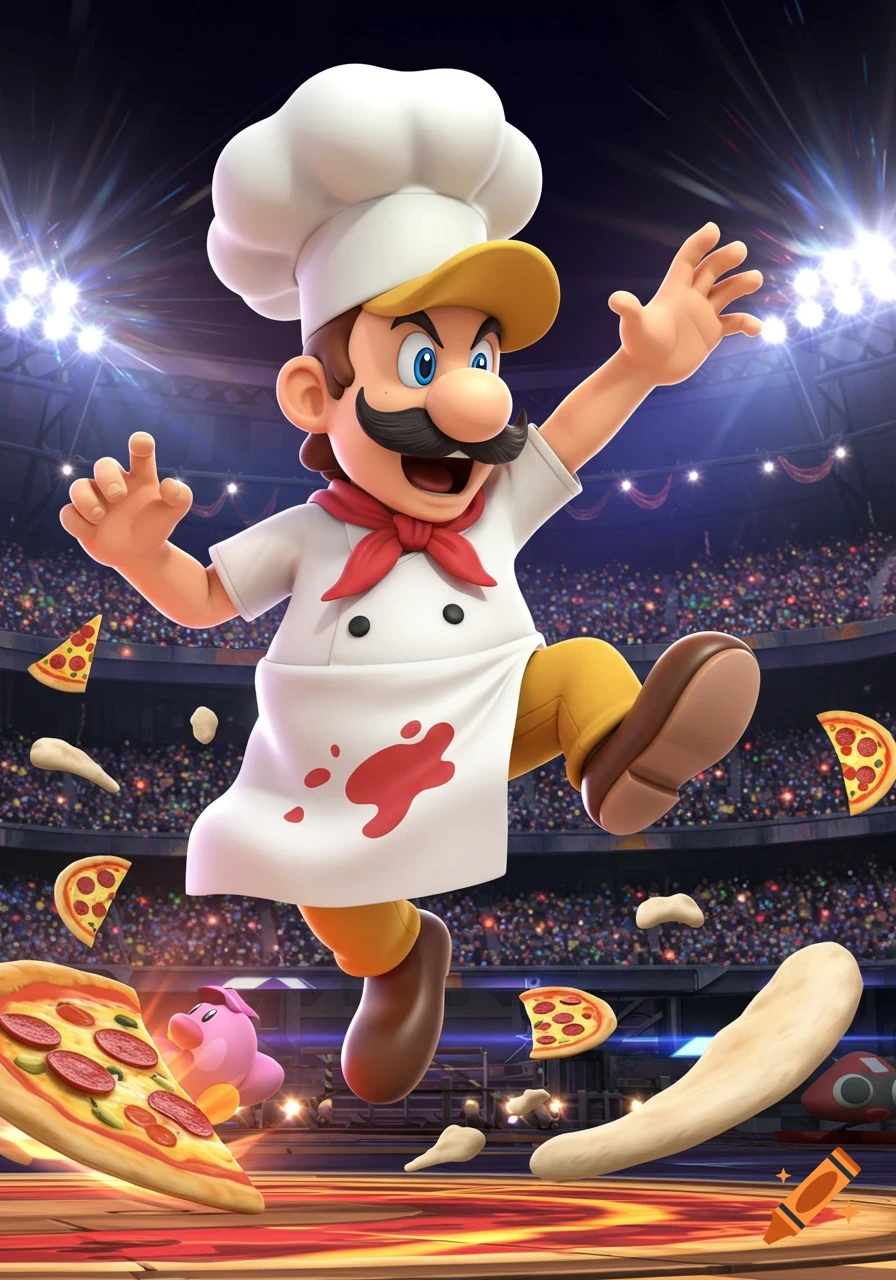 Cartoon-style chef character jumping in a stadium surrounded by flying pizza slices and dough.