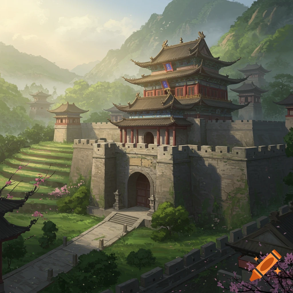 A grand Han Dynasty style temple fort with imposing stone walls, tiered roofs, and an arched gate, nestled in a lush green mountain valley with terraced fields and blossoming trees, under a soft, misty sky.