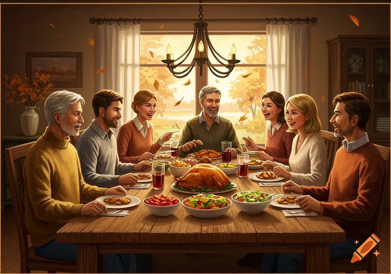 A diverse family of six enjoys a festive Thanksgiving dinner around a large wooden table in a warm, autumn-themed room.