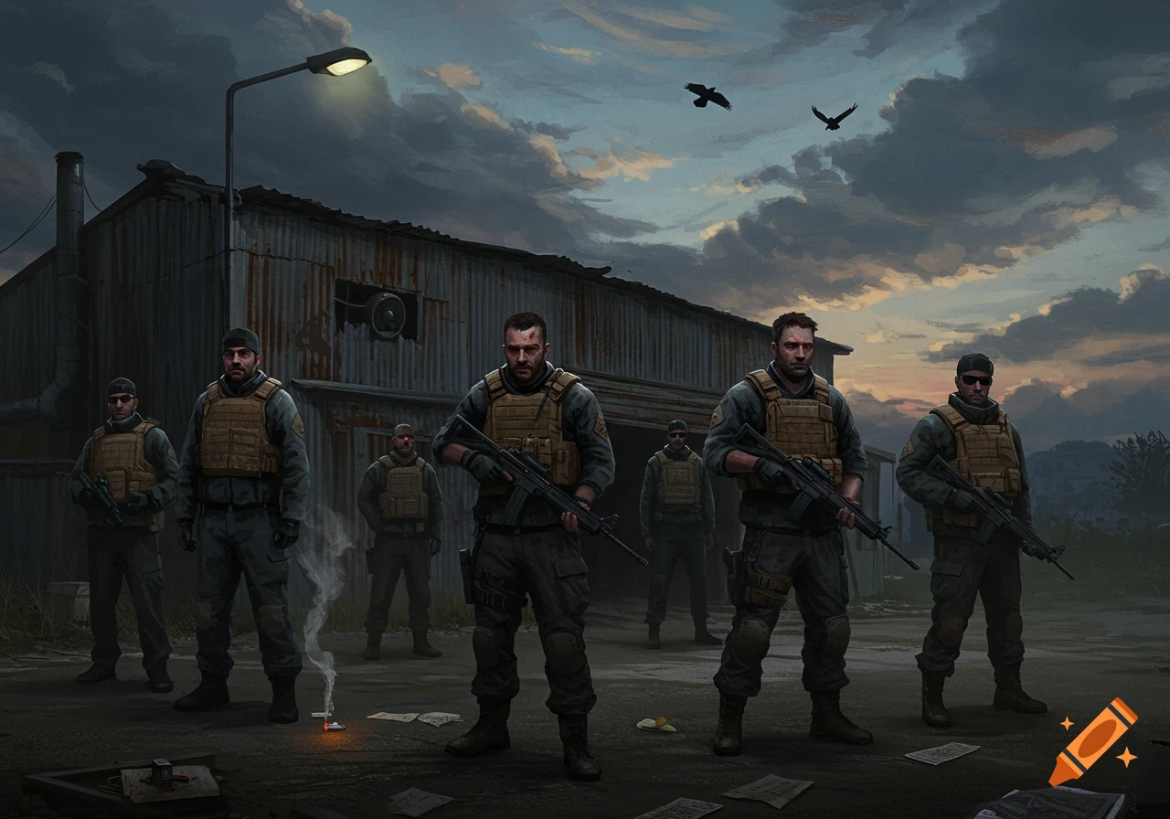 Six mercenaries in tactical gear stand guard outside a corrugated metal warehouse under a cloudy twilight sky, some holding rifles, with two birds flying overhead.