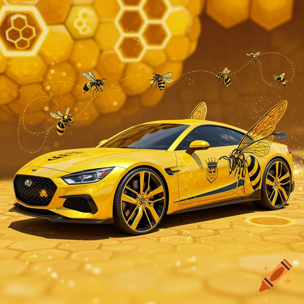 A bright yellow sports car with bee wings and bee-themed designs, surrounded by flying bees and a honeycomb background.