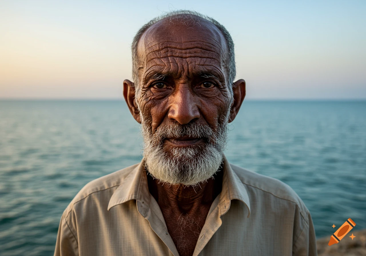 Photorealistic portrait of an elderly man with a white beard and wrinkled face, looking at the camera, with the ocean in the background.