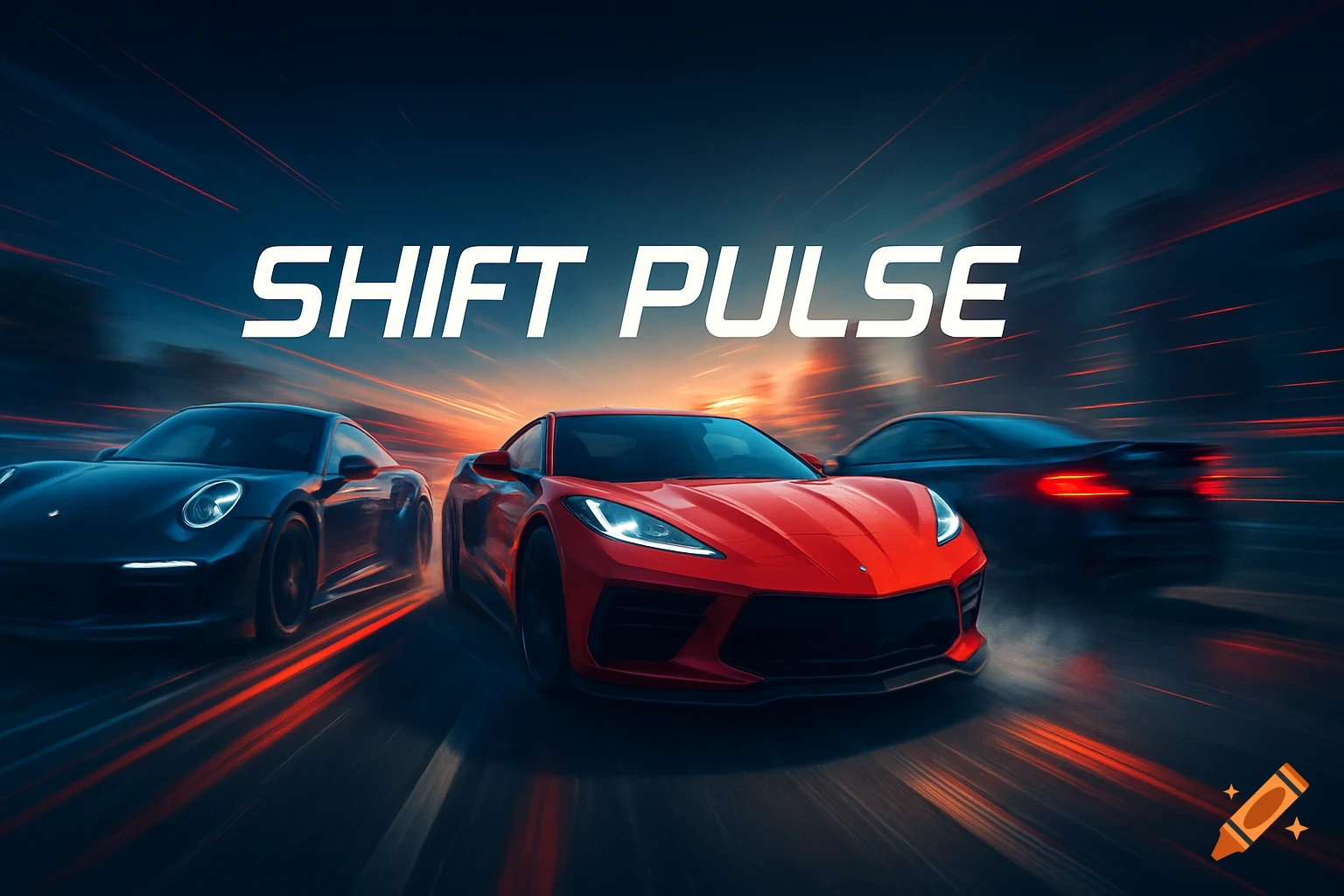 Three sports cars, with a red car in the foreground, speeding on a track with motion blur under a dramatic sky, with 'SHIFT PULSE' text.