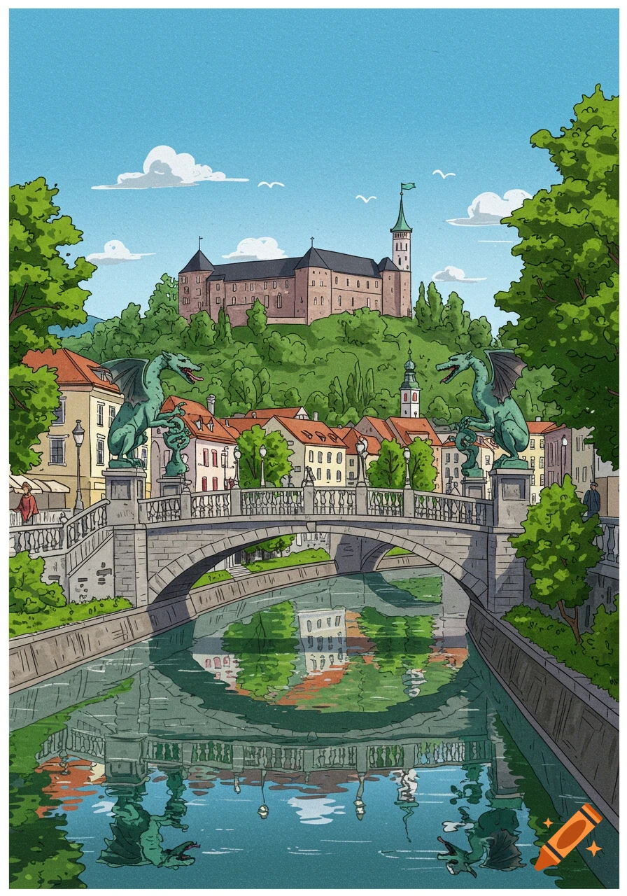 A colorful cartoon illustration of the Dragon Bridge over a river in Ljubljana, Slovenia, with Ljubljana Castle on a hill in the background.