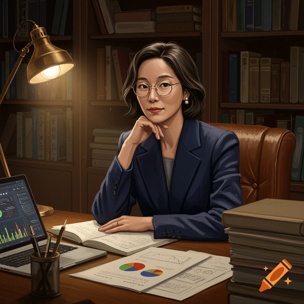 An illustrative portrait of a Korean woman professor in an office, sitting at a desk with a laptop and papers, with bookshelves in the background.