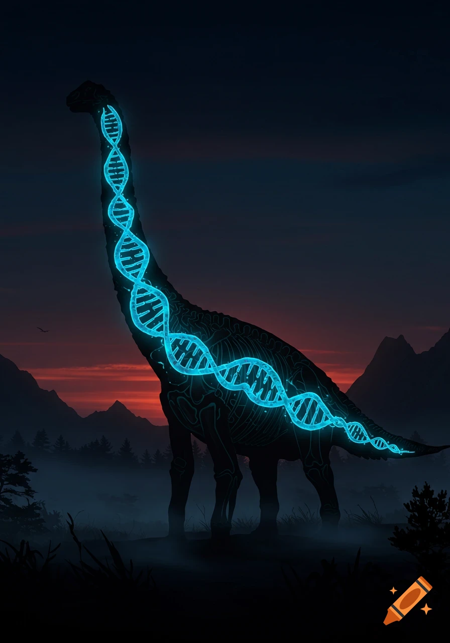 A silhouette of a long-necked dinosaur at dusk, with glowing blue DNA strands visible inside its body.
