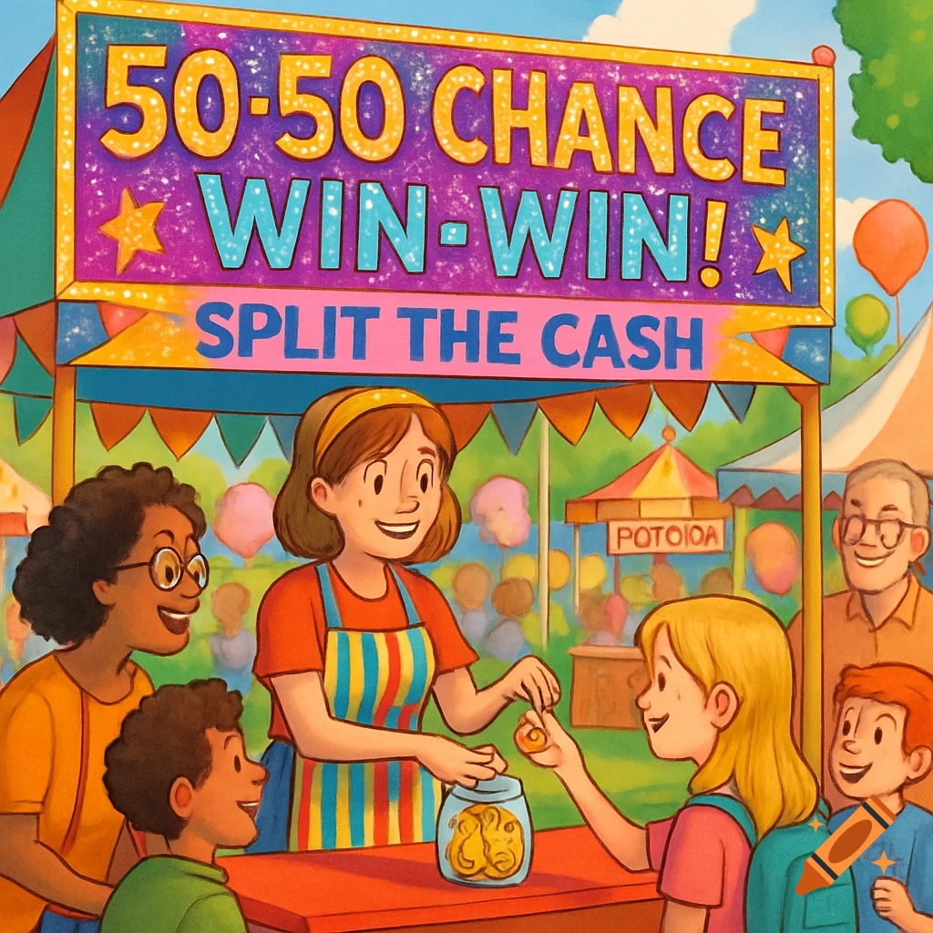 A colorful cartoon illustration of a school fair booth. A woman in a striped apron exchanges a cookie from a jar with a young girl, while other children and adults observe. A sign above reads "50-50 CHANCE WIN-WIN! SPLIT THE CASH."