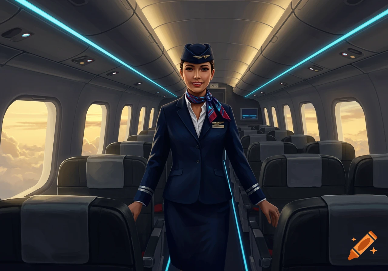 A female flight attendant in uniform stands in the aisle of an airplane cabin, with windows showing clouds outside.