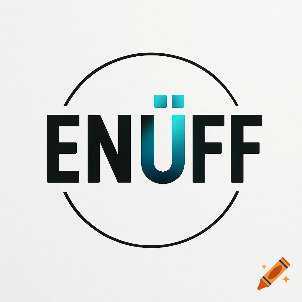 A logo with the word ENÜFF in bold black and blue gradient letters, encircled by an incomplete black ring, on a white background.