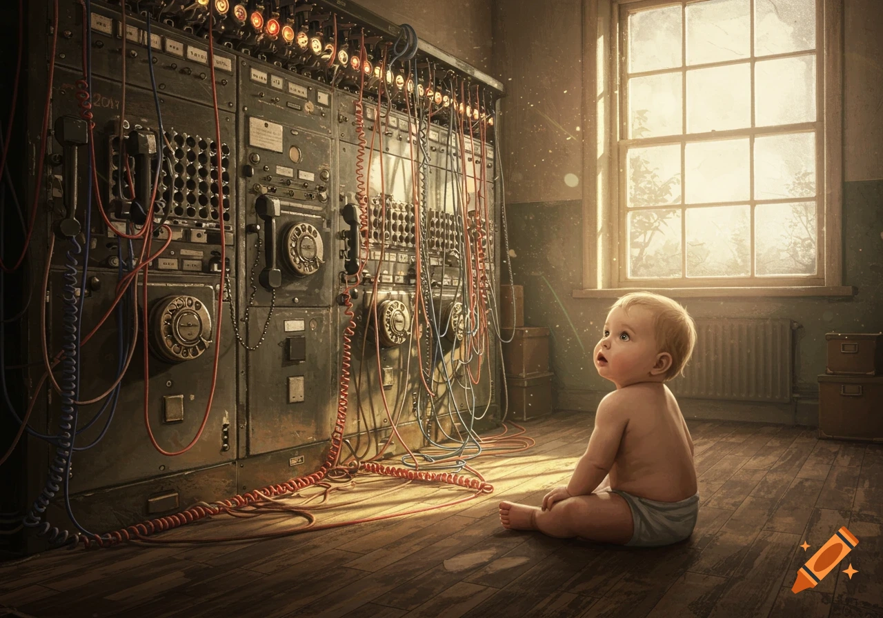 A baby in a diaper sits on a wooden floor, looking up at a large, old plug-in telephone exchange bathed in sunlight from a window.