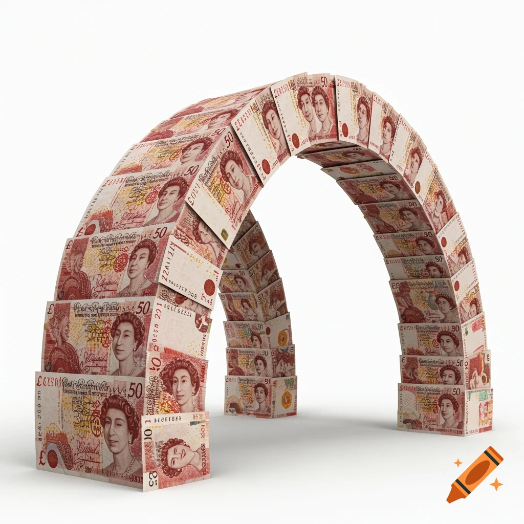 An arch bridge constructed entirely from British fifty pound banknotes on a white background.