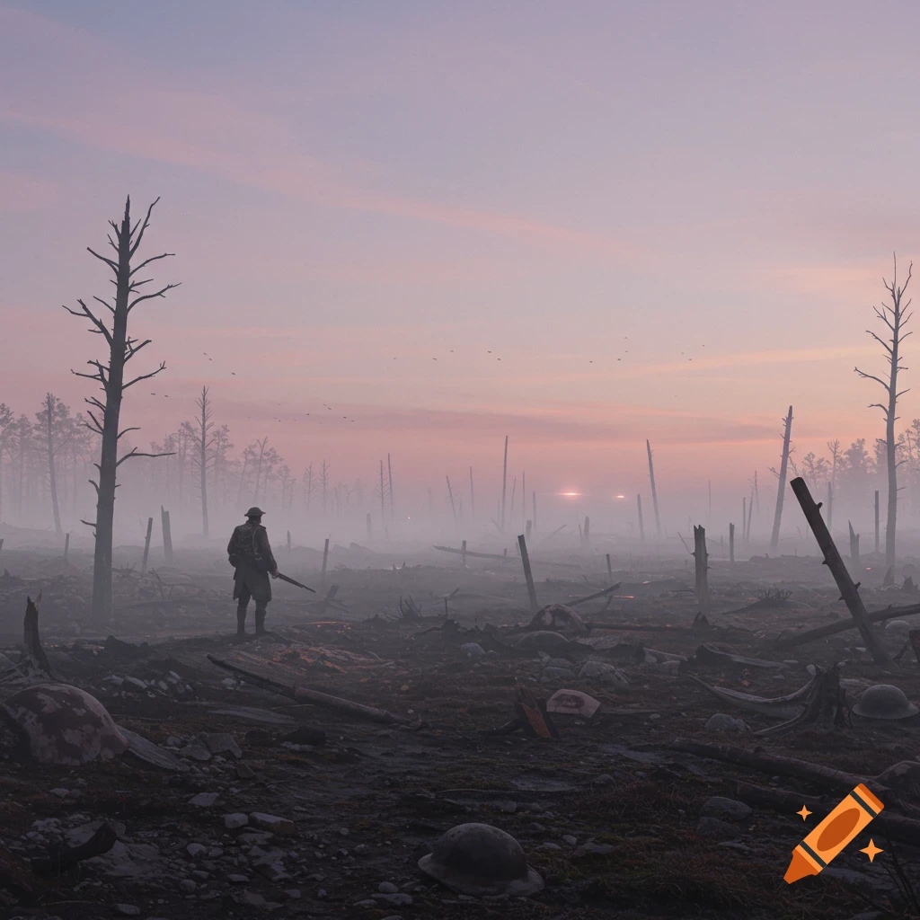 A lone soldier stands in a desolate, foggy, war-torn landscape with broken trees and debris under a pink and purple sky.