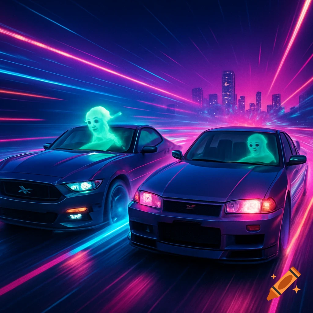 Two cars, a blue Mustang and a blue Skyline, race down a neon-lit highway at night, driven by glowing green ghost figures in a vibrant, futuristic style.
