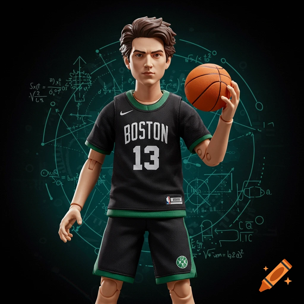 A detailed action figure of a boy with brown hair, wearing a black and green Boston Celtics jersey with 'BOSTON 13' on it, holding a basketball against a dark background with math equations.