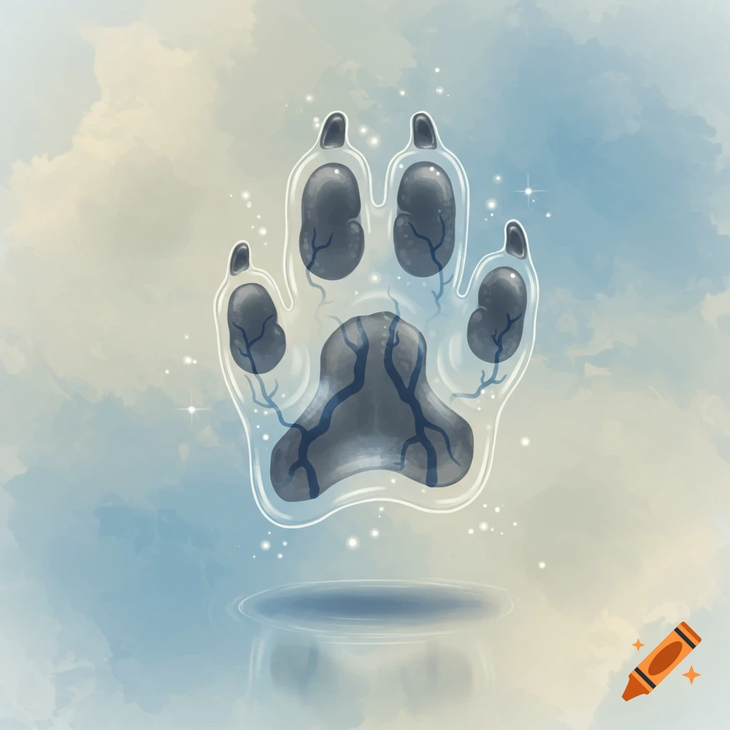 A transparent, glowing animal paw print with veins, floating over water against a cloudy sky.