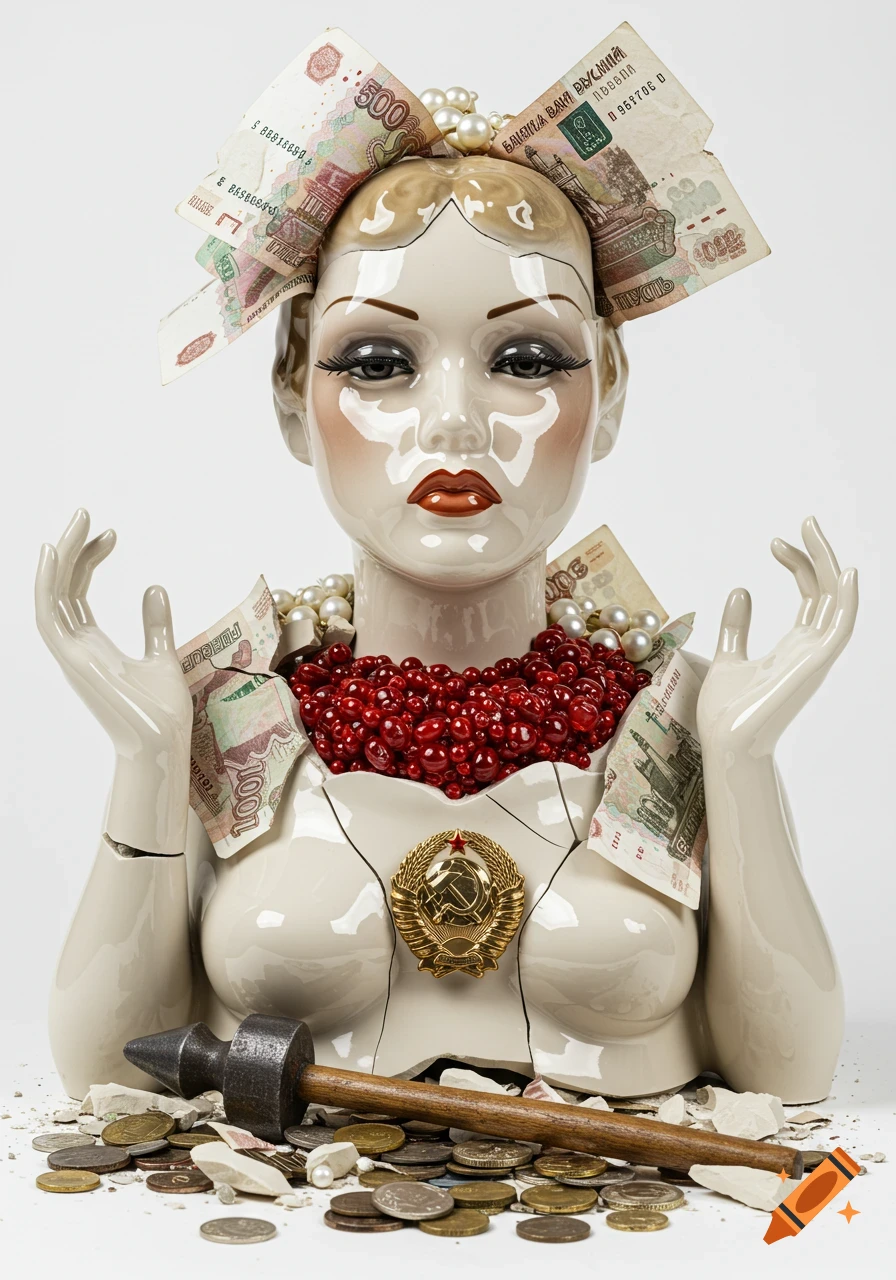 Hyper-realistic photo of a broken porcelain bust adorned with Russian rubles, pearls, and red beads, with a hammer and coins at its base.