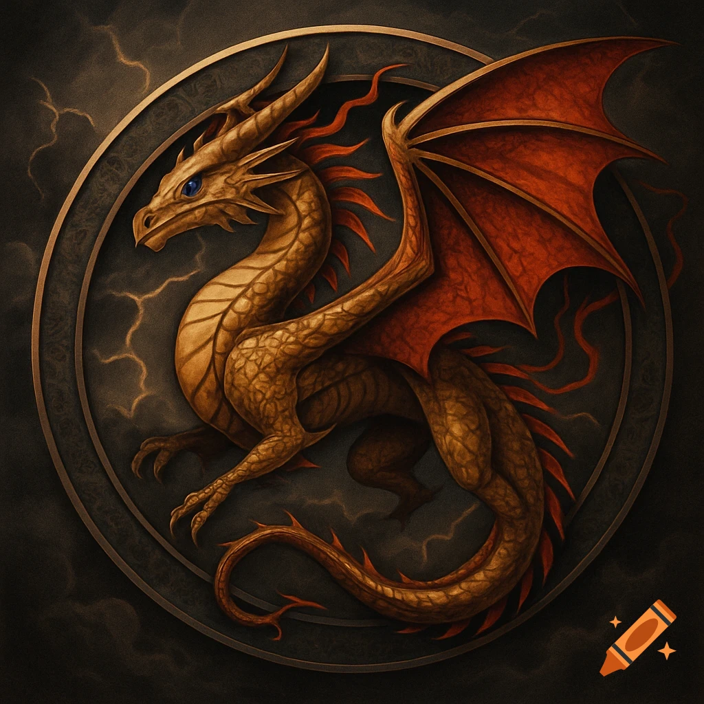 A stylized golden dragon with red wings, its body coiled within a dark circular emblem against a stormy background.