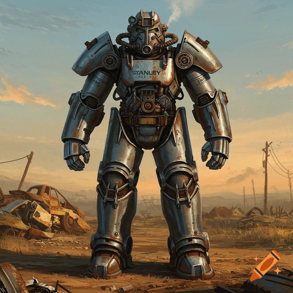 A large, rusty power armor suit stands in a desolate, post-apocalyptic wasteland filled with destroyed cars.