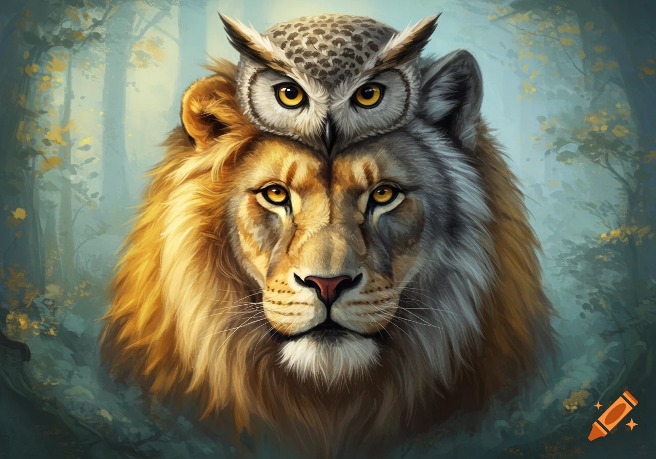 Abstract painting of a hybrid lion and wolf face, with an owl on top, in a stylized forest.