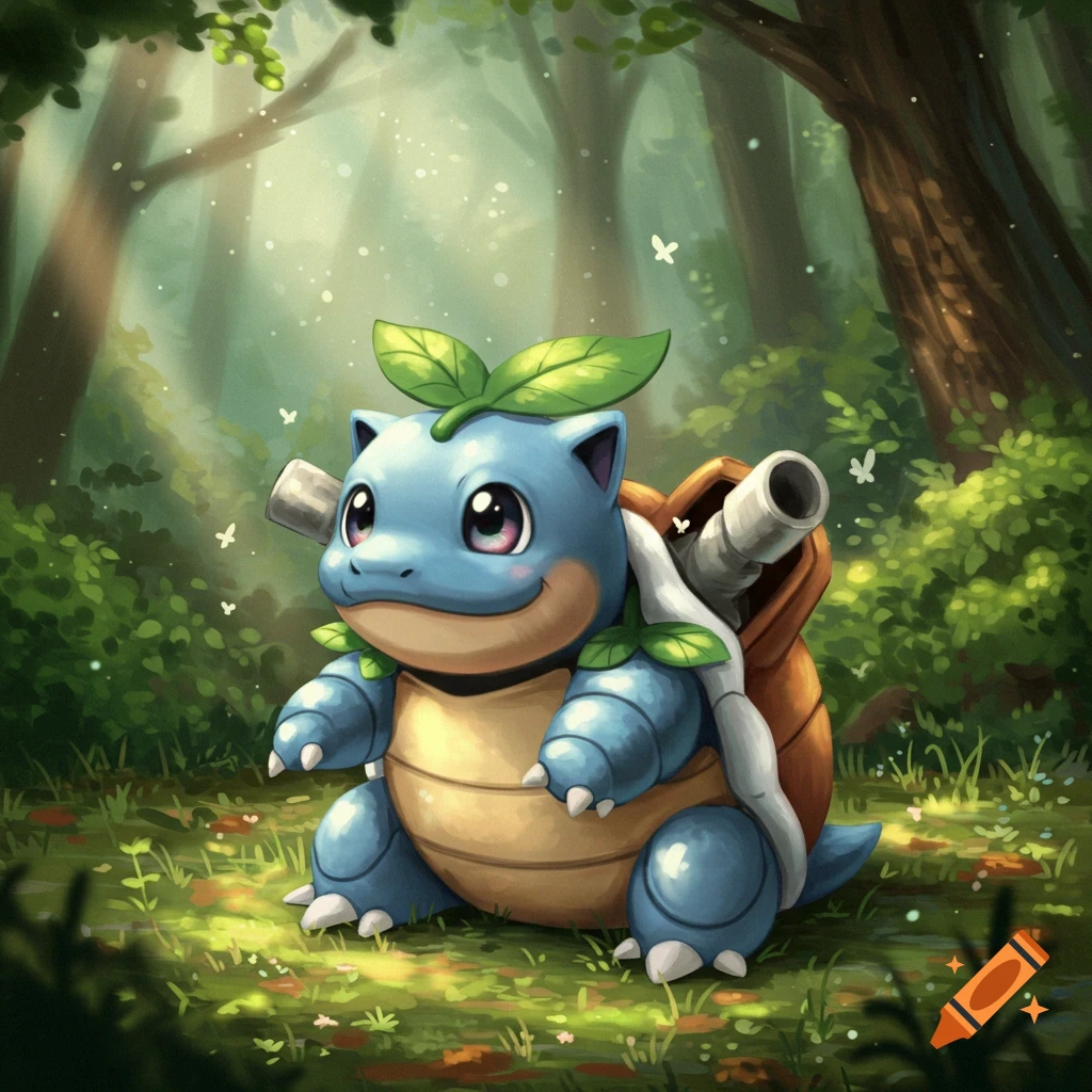 A cute, blue, turtle-like creature with a large shell and leaves on its head sits in a lush green forest.