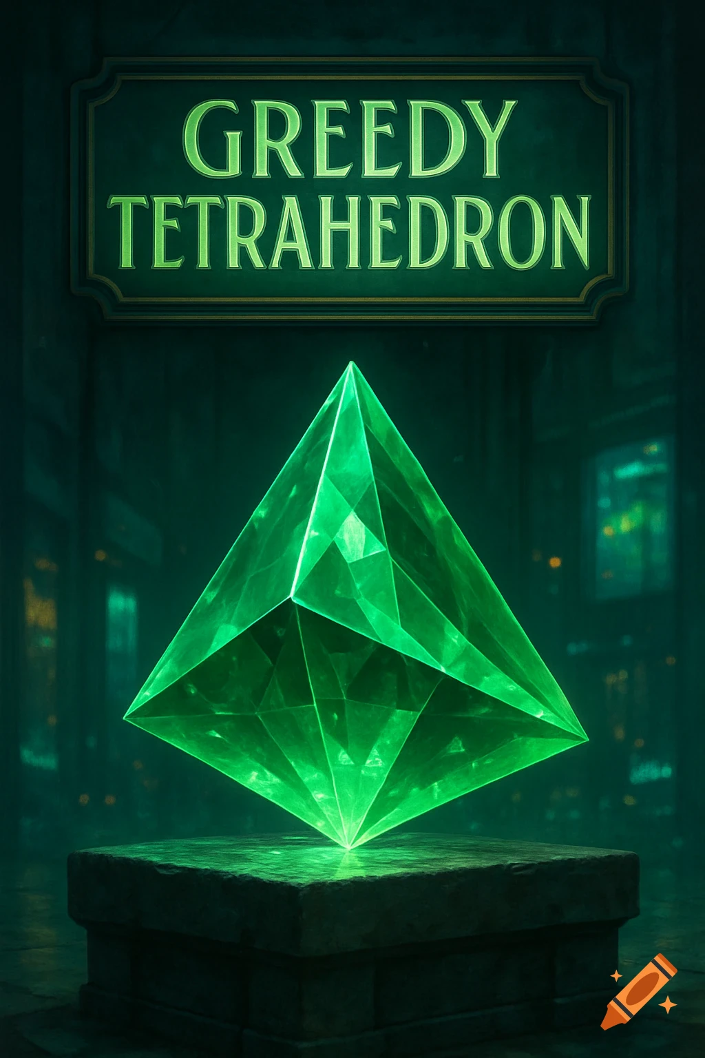 A glowing green tetrahedron sits on a stone pedestal in a dimly lit room, beneath a sign reading 'Greedy Tetrahedron'.