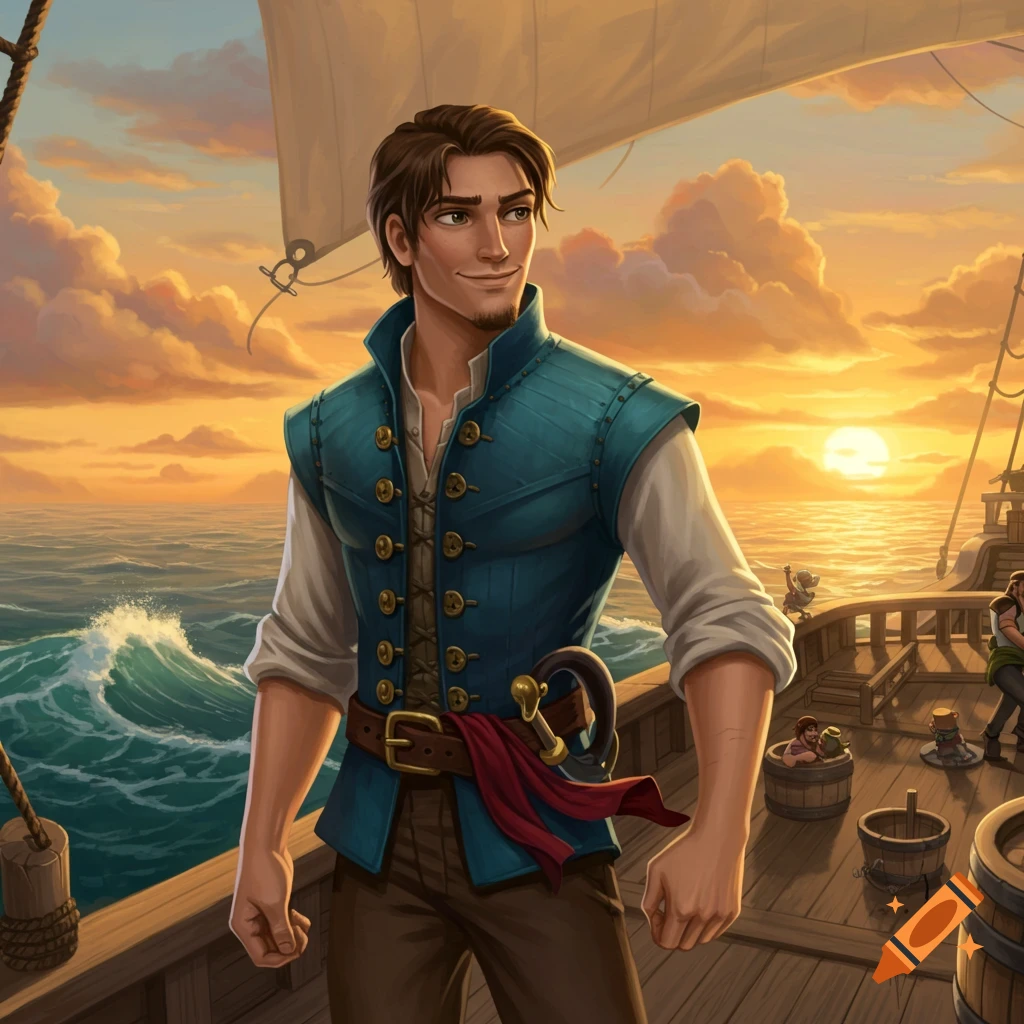 Flynn Rider in a blue vest and brown pants stands on a wooden ship deck at sunset, with ocean waves and a golden sky.