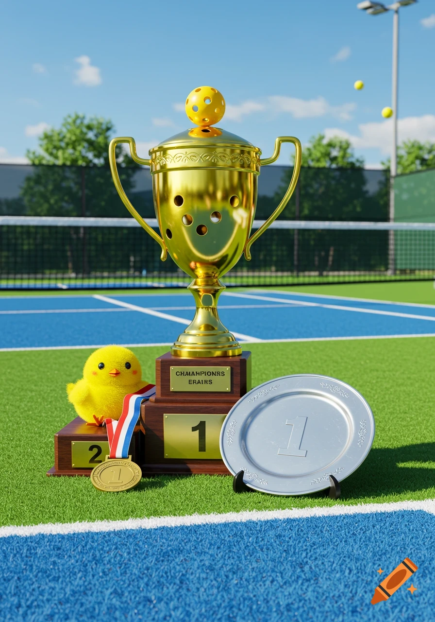 A golden trophy with a pickleball on top, a yellow fluffy chick, and medals on a podium on a pickleball court.