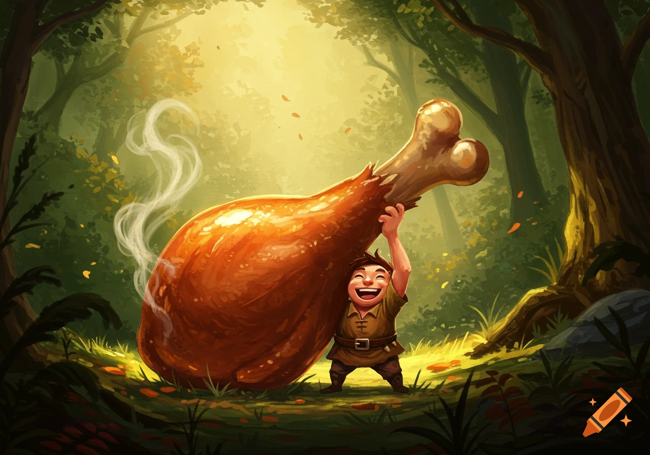 A smiling, small, cartoon character struggles to lift a giant steaming turkey leg in a magical forest.