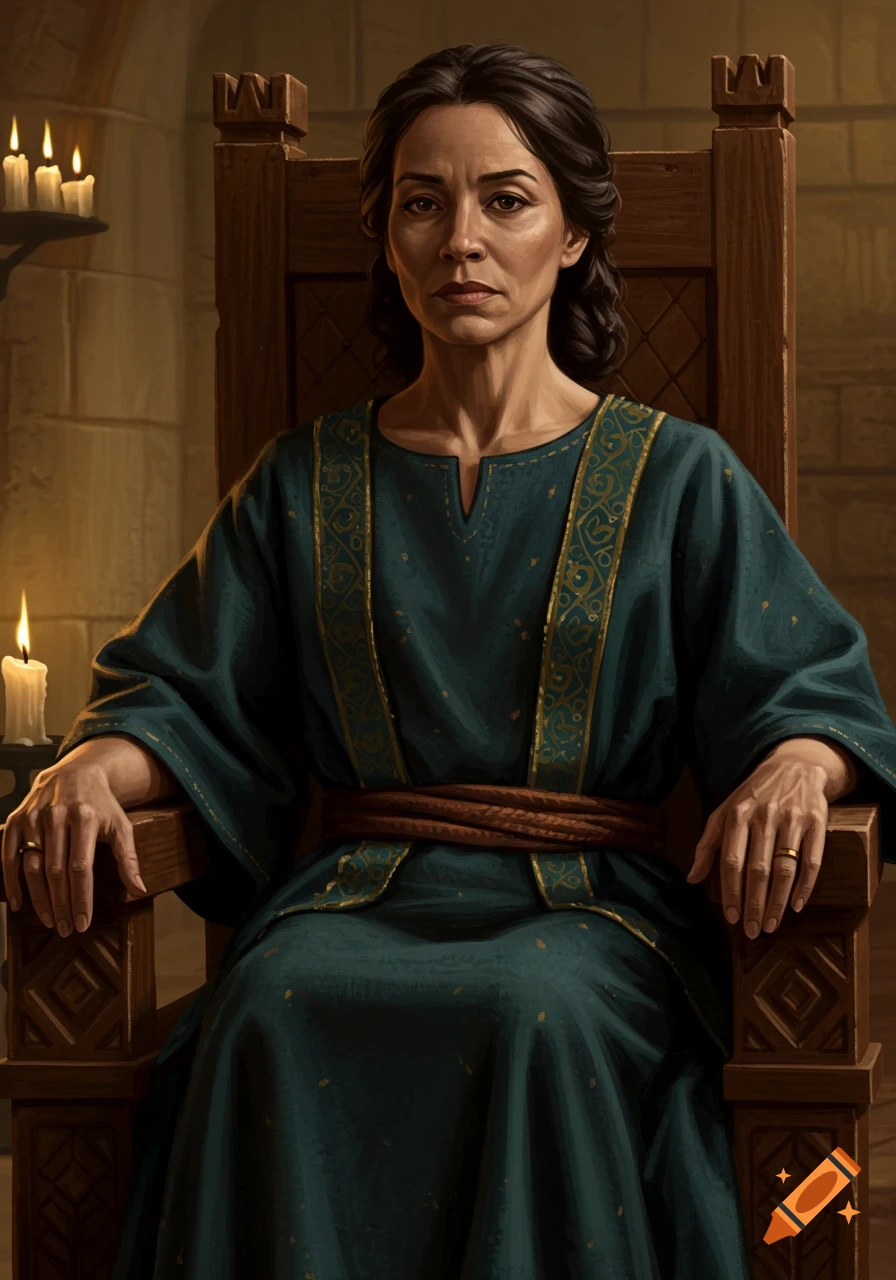 A dignified woman with dark hair in a teal and gold robe sits on a wooden throne in a dimly lit room with candles.