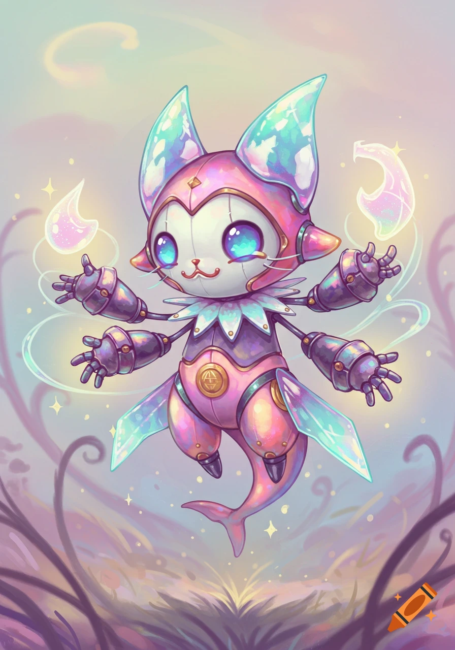 A cute, colorful, robotic cat-like creature with multiple arms, large ears, and a fish tail, floating amidst magical sparks in a stylized illustration.