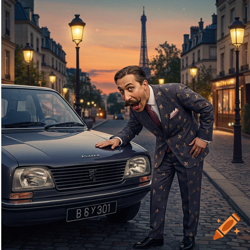 A man with a large mustache in a patterned suit leans on a vintage car on a cobblestone street in Paris, with the Eiffel Tower at sunset in the background.
