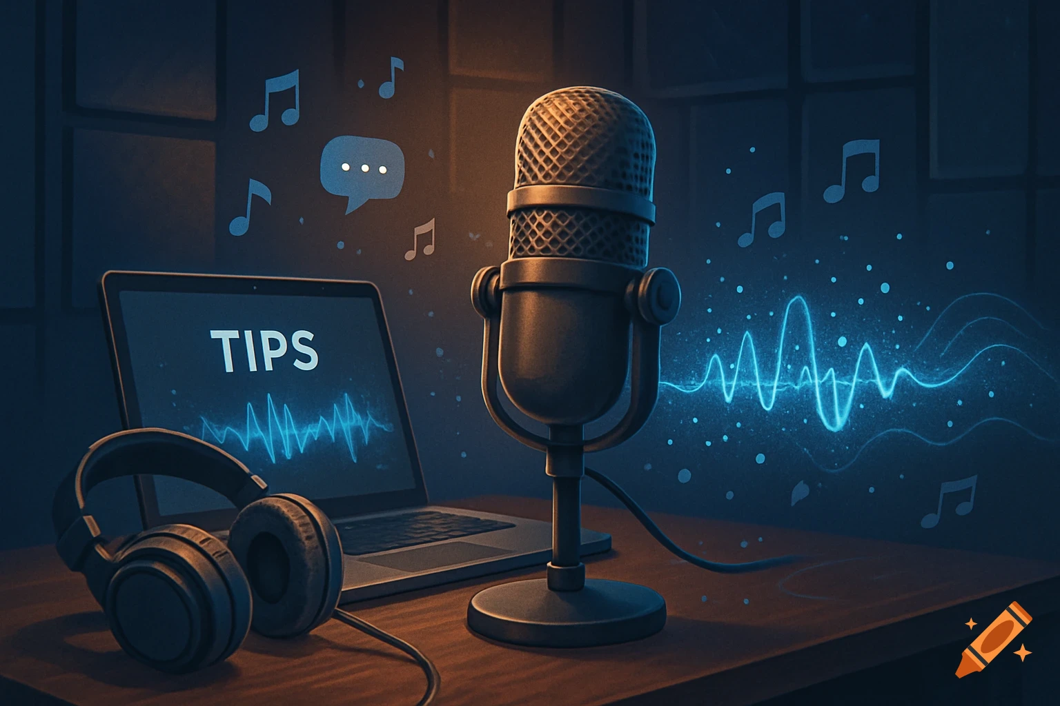 A podcast setup with a microphone, laptop displaying 'TIPS' and sound waves, and headphones, with glowing musical notes.