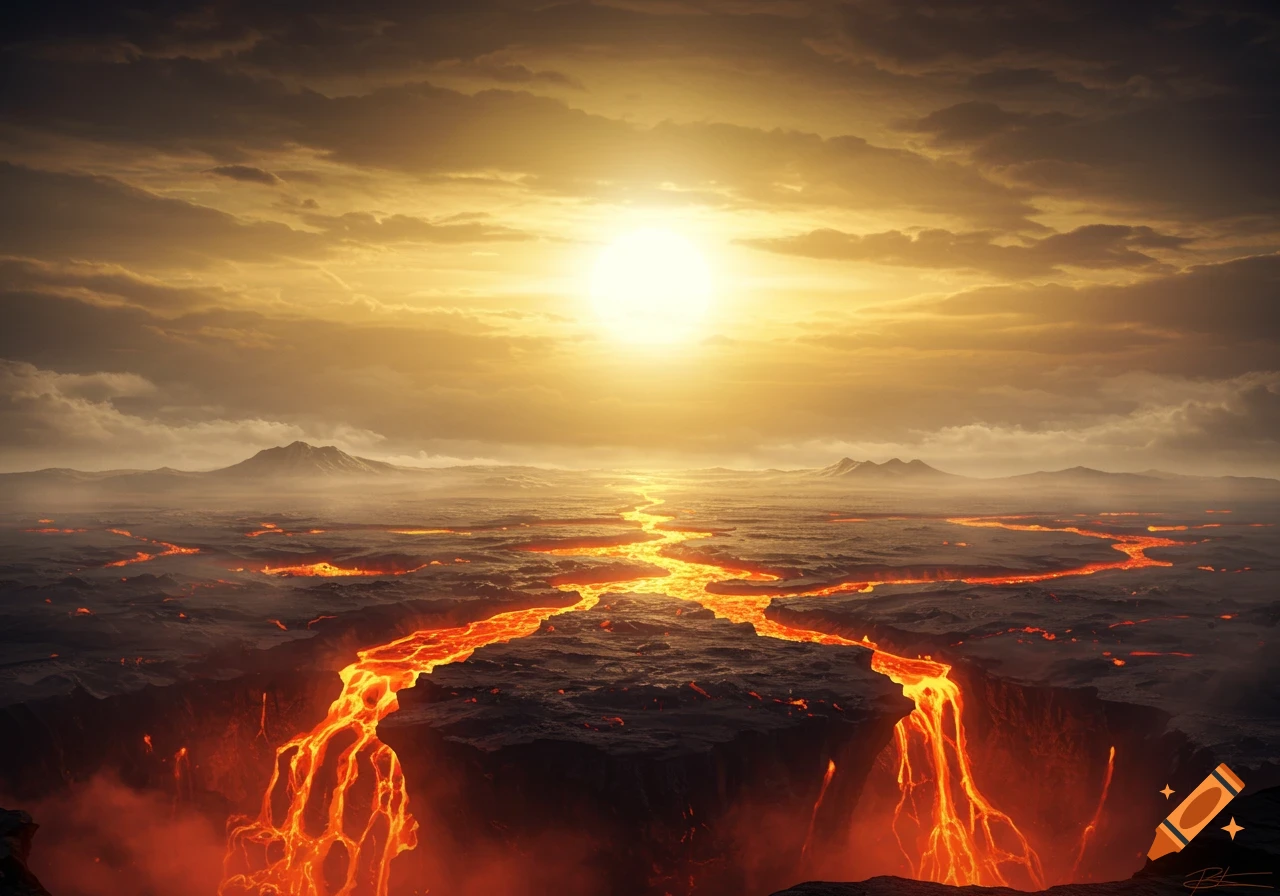 A dramatic volcanic landscape with rivers of bright orange lava flowing across dark cracked earth under a stormy, golden sky and a large, bright sun.