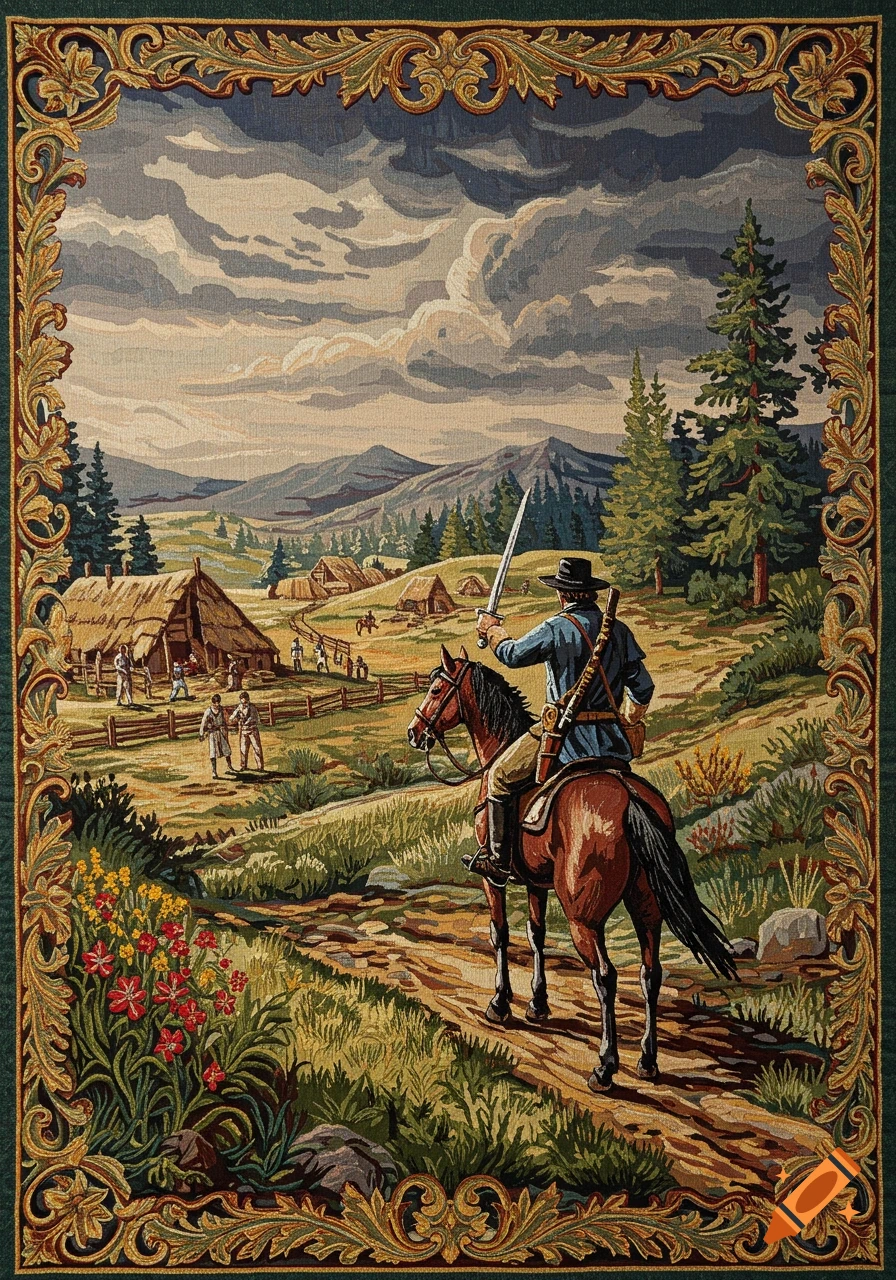 A tapestry depicting a man on horseback with a sword, looking back at a frontier settlement in a mountainous landscape.