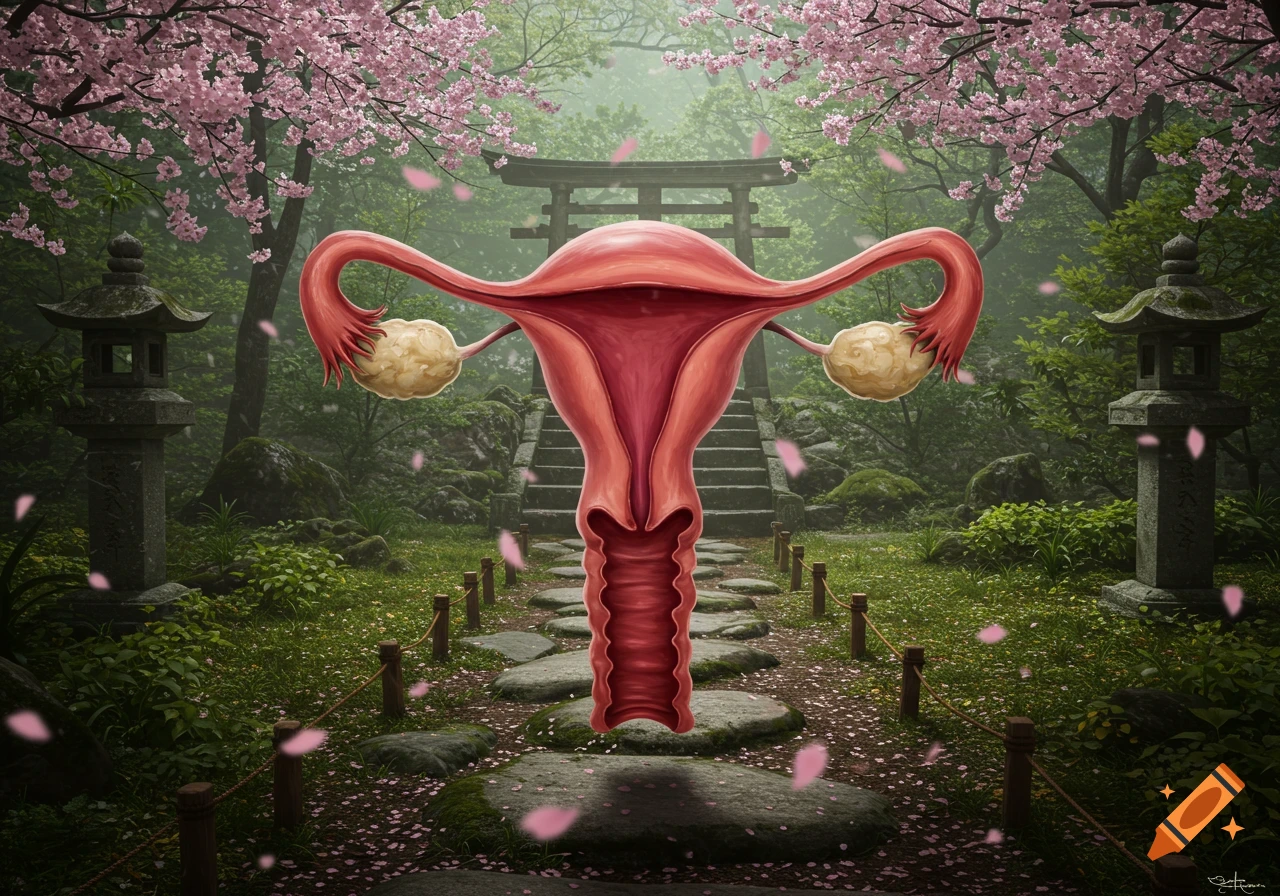 A large, stylized human uterus stands on a stone path in a pink cherry blossom forest, with a Japanese torii gate in the background.