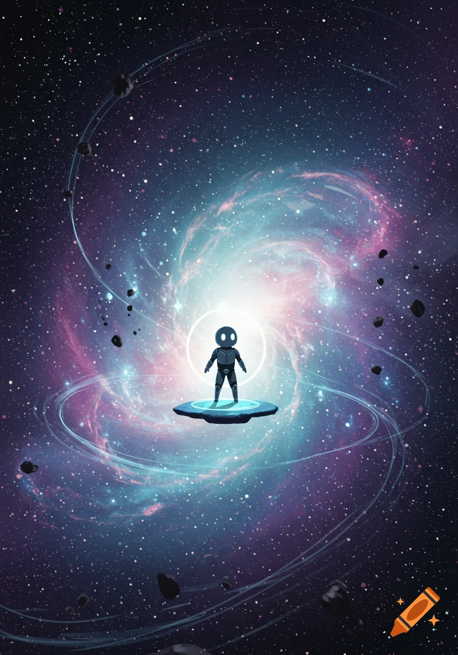 A stylized robot stands on a glowing platform in a vibrant swirling galaxy filled with stars and asteroids.